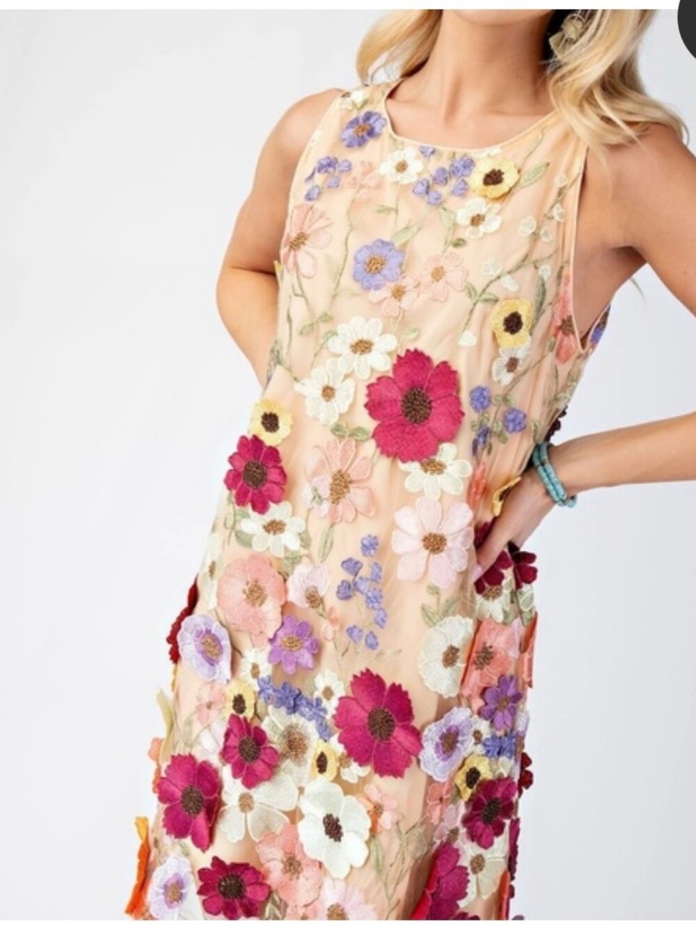 SHEIN Beige Dress with Multicolor Floral Appliqués